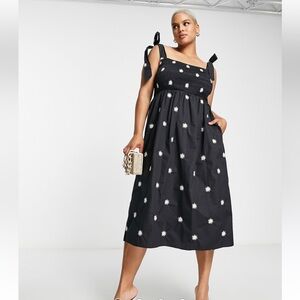 Never Fully Dressed tie shoulder daisy embroidered maxi dress in black